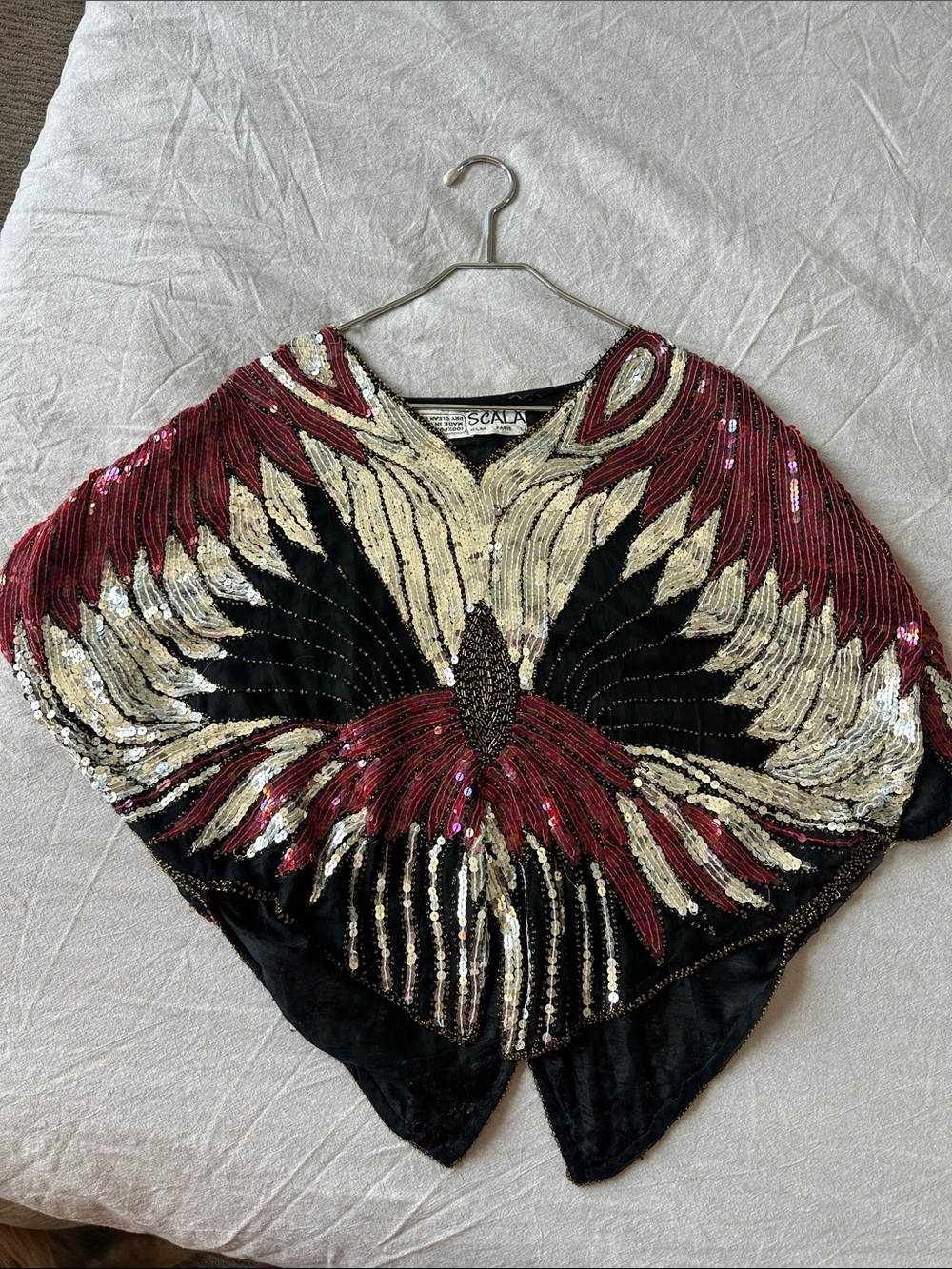 Scala Black, Cream, and Burgundy Sequin Embellished Top